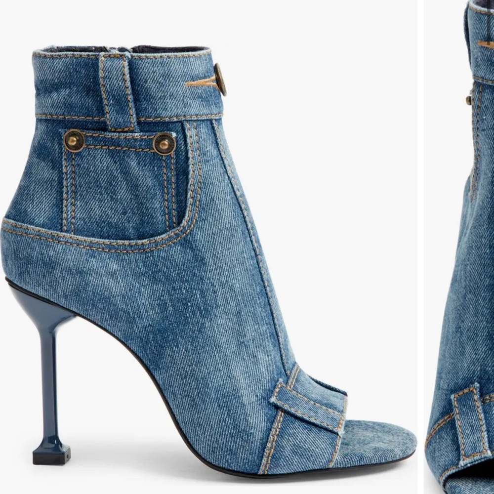 Jeffrey Campbell Str8 Up denim heeled booties peep toe 8.5